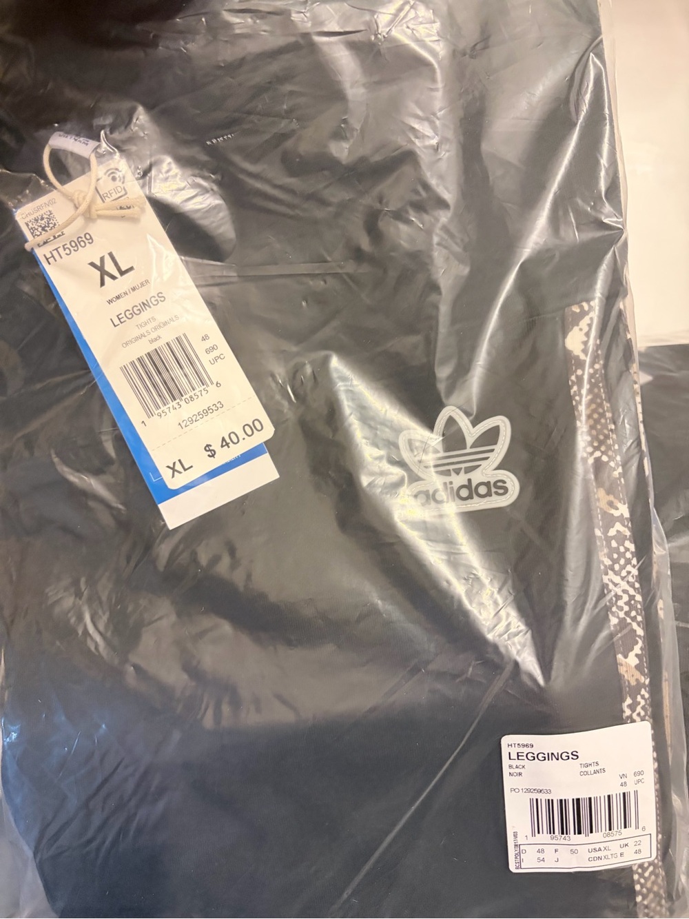 Adidas- size XL- black leggings with snakeskin trim still New In Bag!